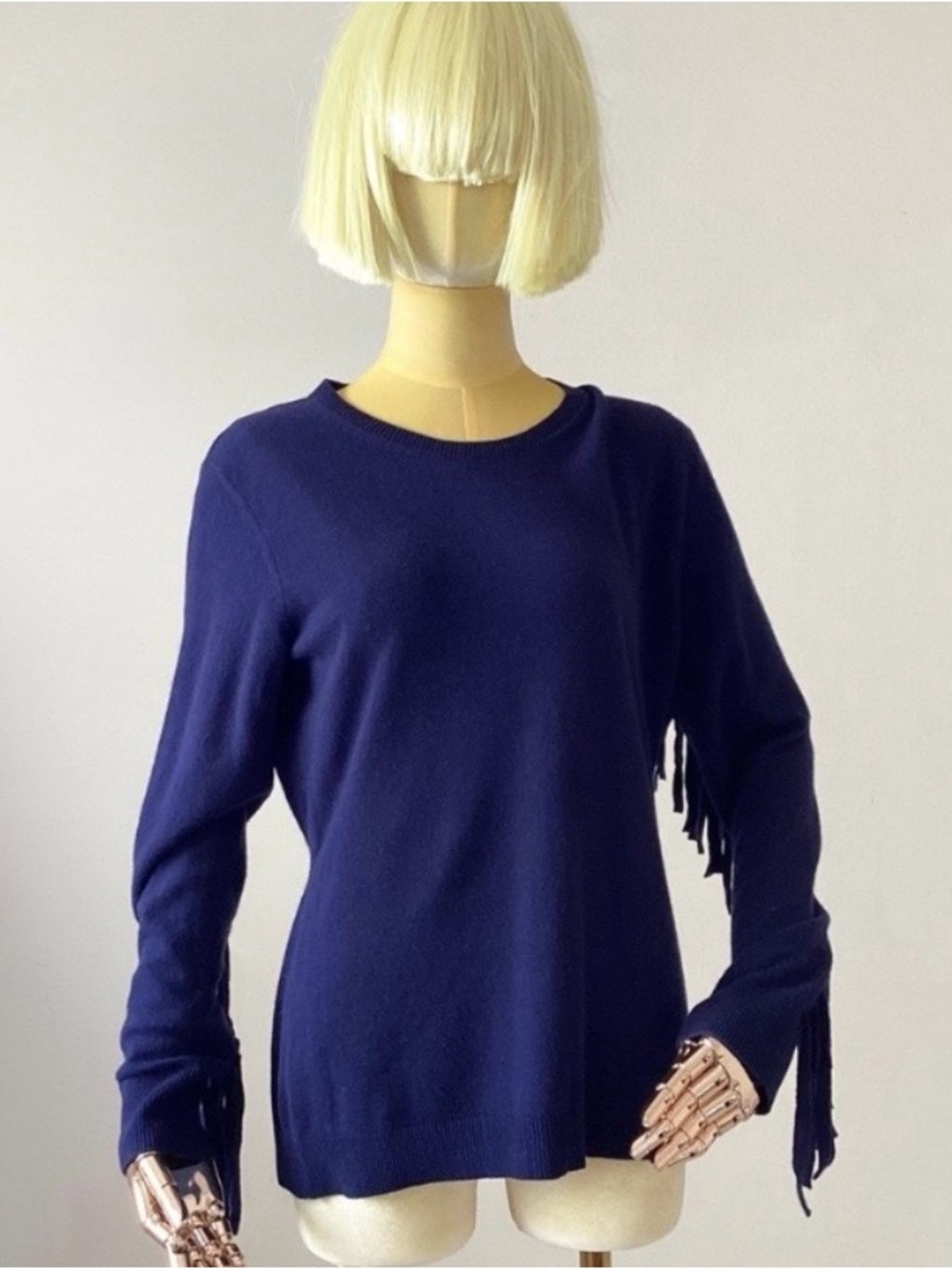 Burberry Women's Navy Blue Fringe Sleeve Sweater